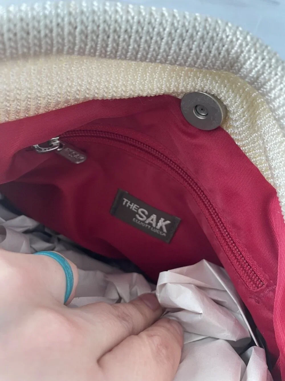 The Sak Hobo Purse Handbag Tote Red White Colorblock Nylon Knit Casual